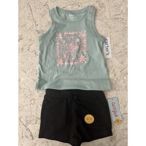 Toddler Girls Tank Top (Carters) & Shorts (Cat & Jack) Set Teal /Pink & Black 3T